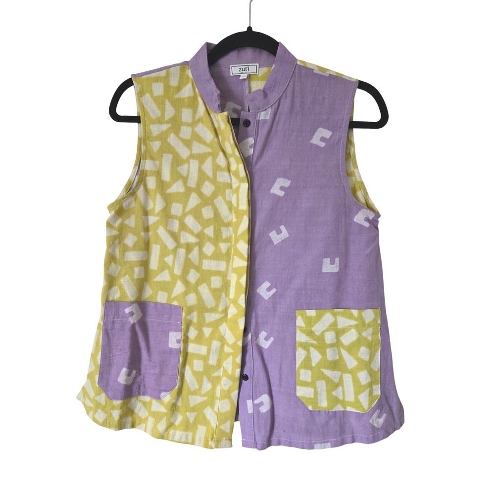 Zuri KENYA Womens XXS Sleeveless Vest Top Purple Yellow Geometric Batik Cotton
